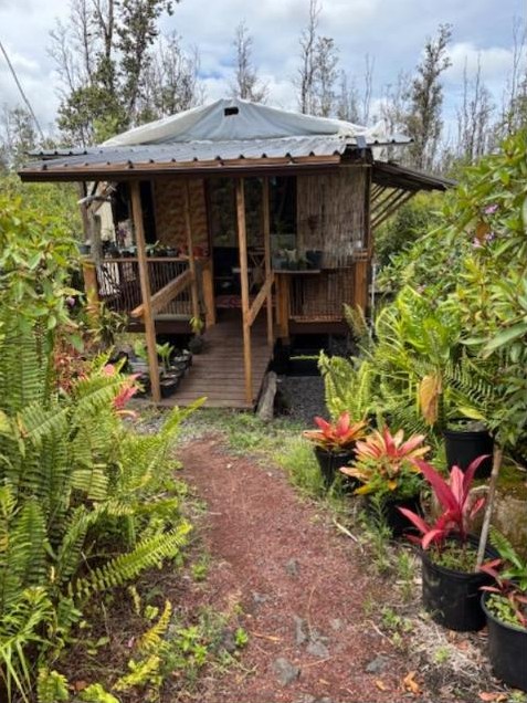Small wooden cabin with a porch along a garden path
