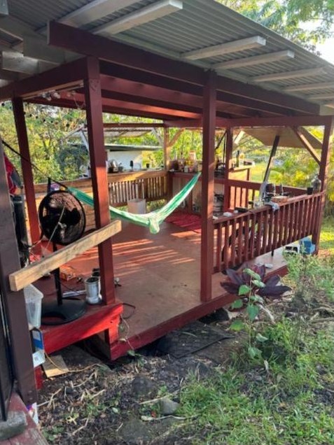 Covered deck with railing and hammock